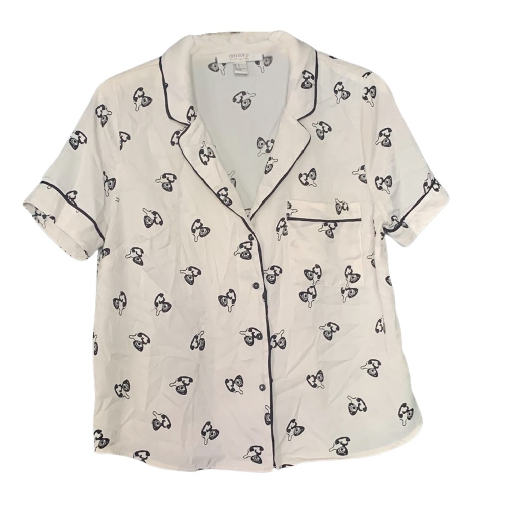 Forever 21 Retro White Top with Black Old Phone Pattern